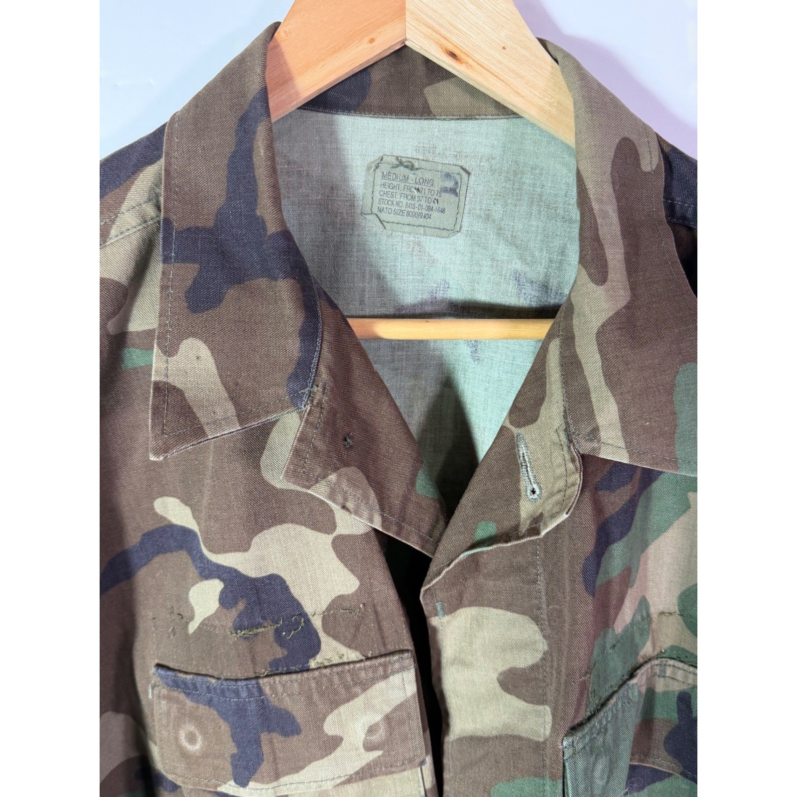Vintage US Military Woodland Camo BDU Field Jacket Medium Long 8415-01-084-1648