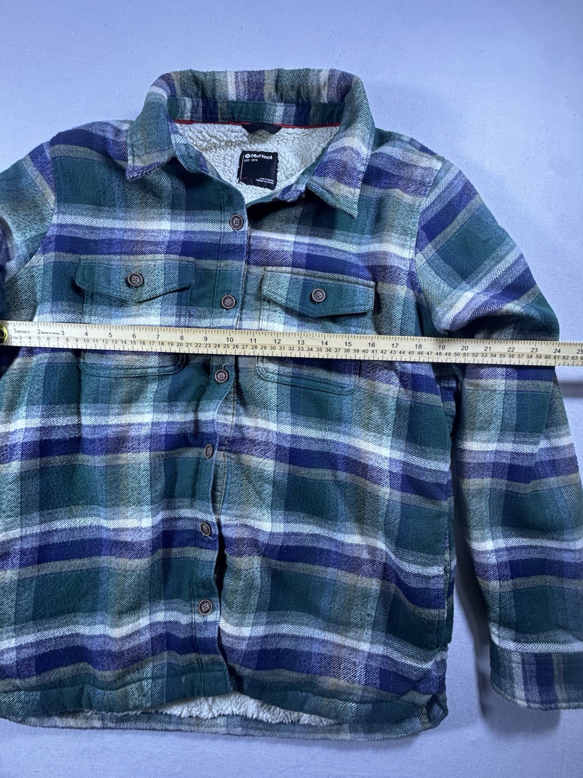 Marmot Mens Large Sherpa Lined Flannel Shirt Jacket Green Plaid Shacket