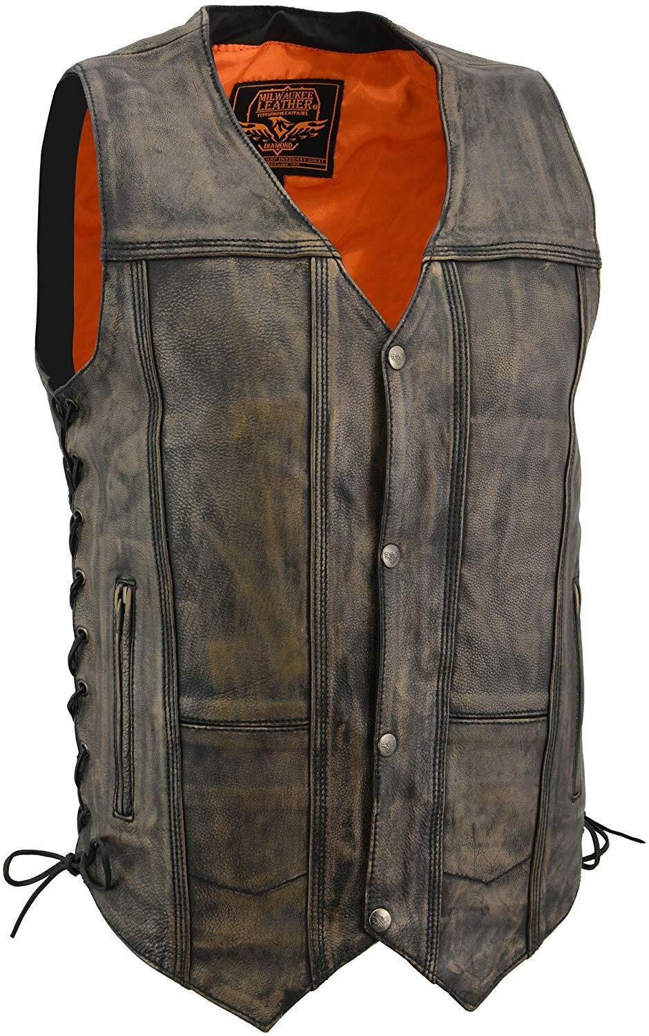 MILWAUKEE LEATHER MEN’S DISTRESSED LEATHER 10 POCKET VEST BROWN – USA41