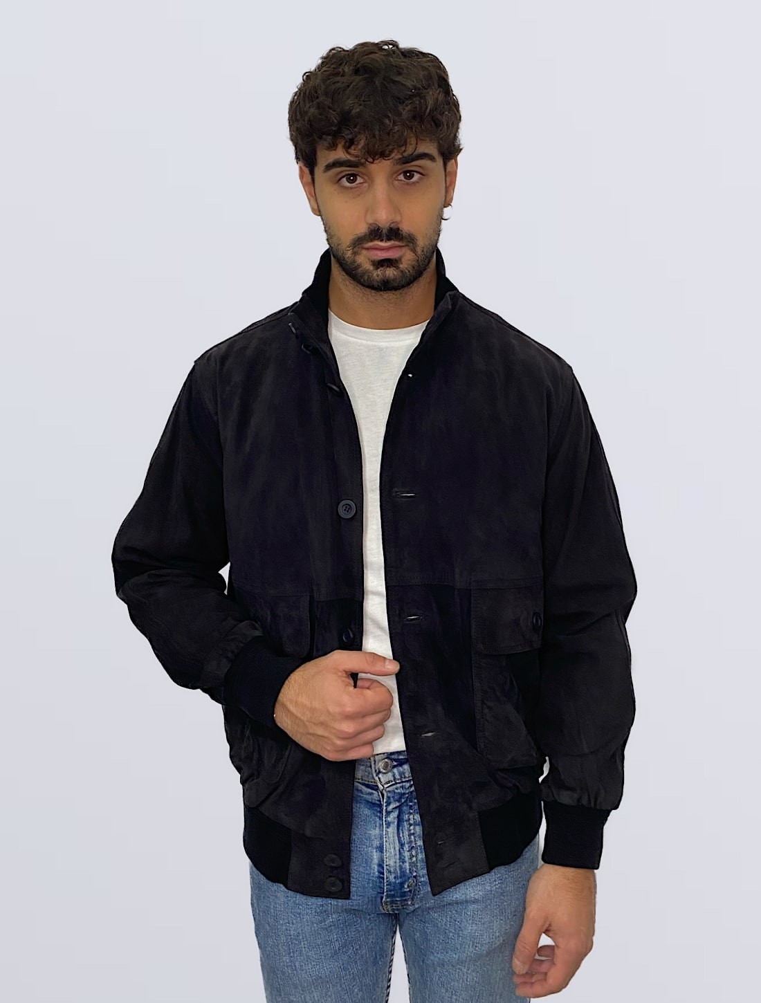 MEN’S MIDNIGHT BLUE SUEDE BOMBER JACKET (100% made in Italy genuine suede jacket)