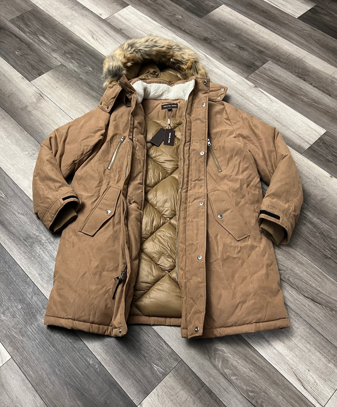 Michael Kors Mens Faux Fur Trim Hooded Parka Coat Jacket Dark Camel Brown XL