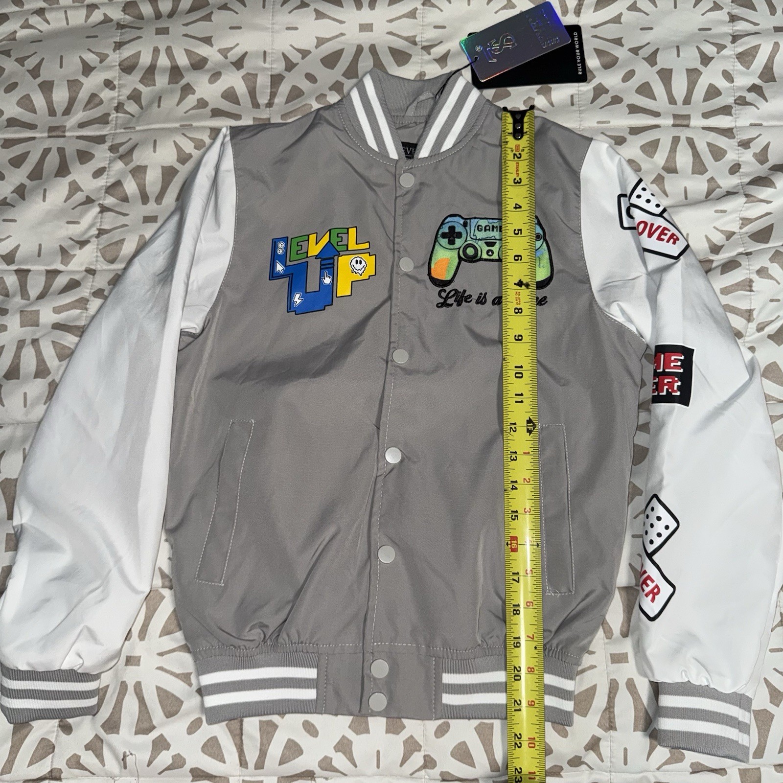 Varsity Jacket Gamers Grey White Color Gamer Control Embroidered – Kid Size 8