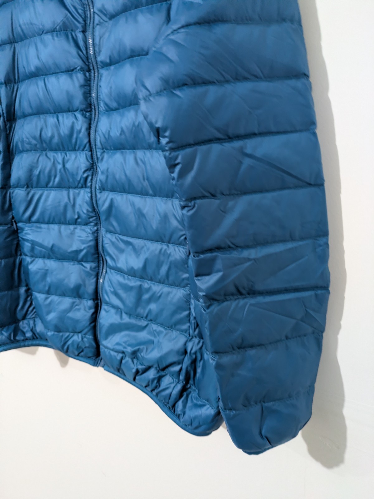 Men’s Blue Hooded Quilted Down Puffer Jacket Full Zip Short Length Size S