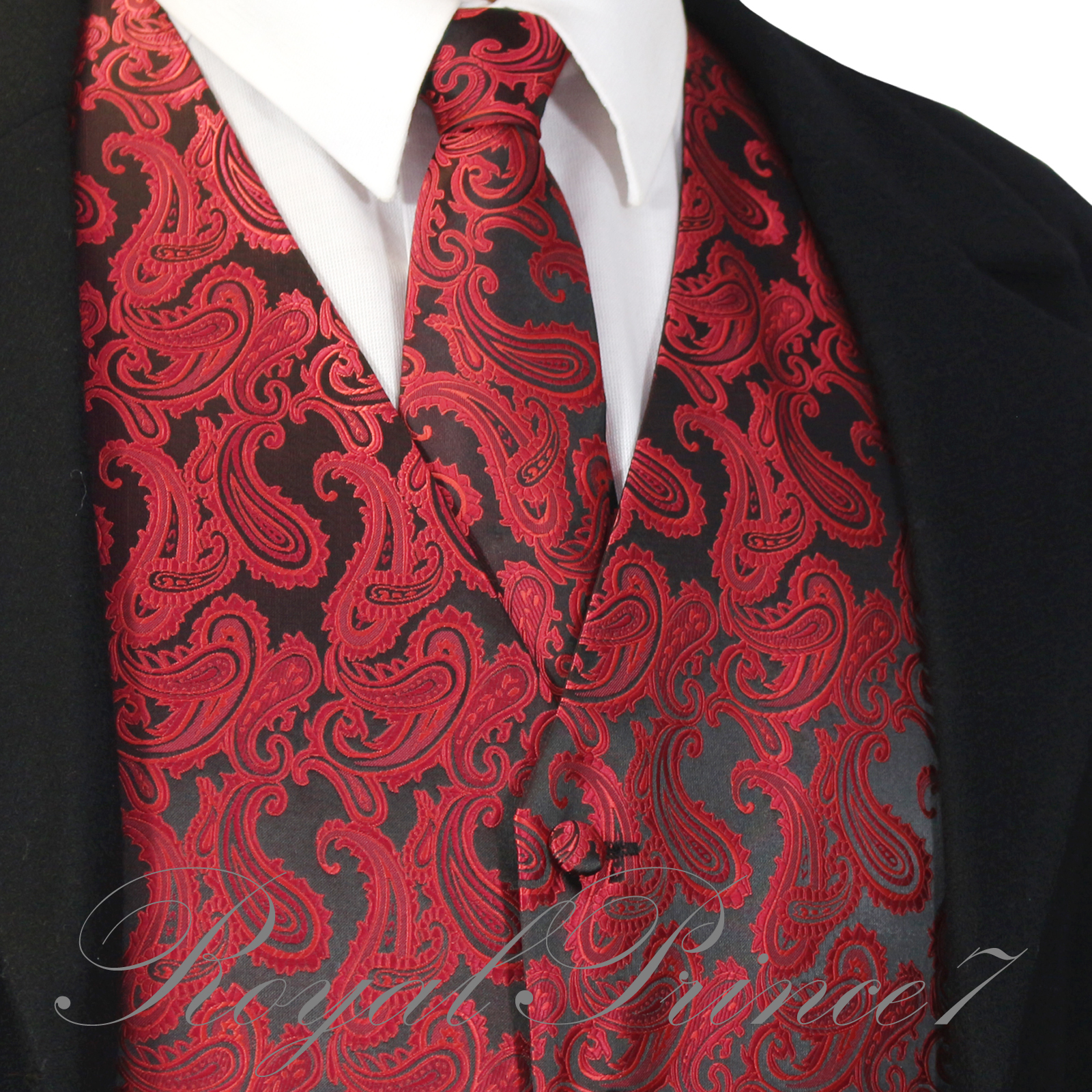 BLACK RED XS to 6XL Paisley Tuxedo Suit Dress Vest Waistcoat & Neck tie Wedding
