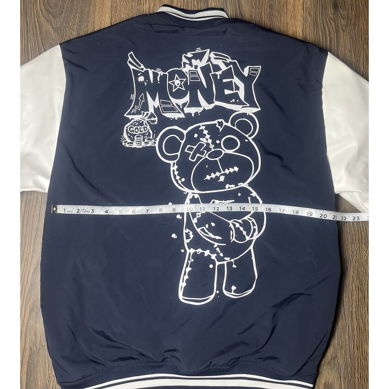 Seven Souls Varsity Jacket Mens L Navy White Bomber Streetwear Graphic Bear