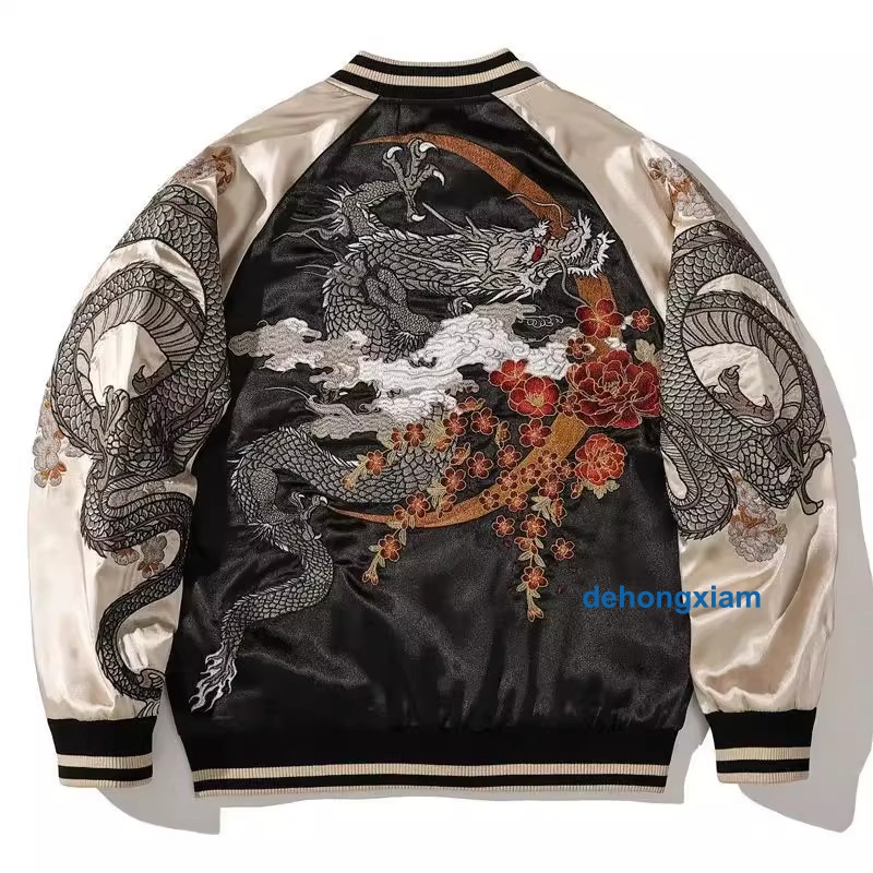 New Mens Bomber Japanese Pattern Embroidery Dragon Tattoo Sukajan Fashion Jacket