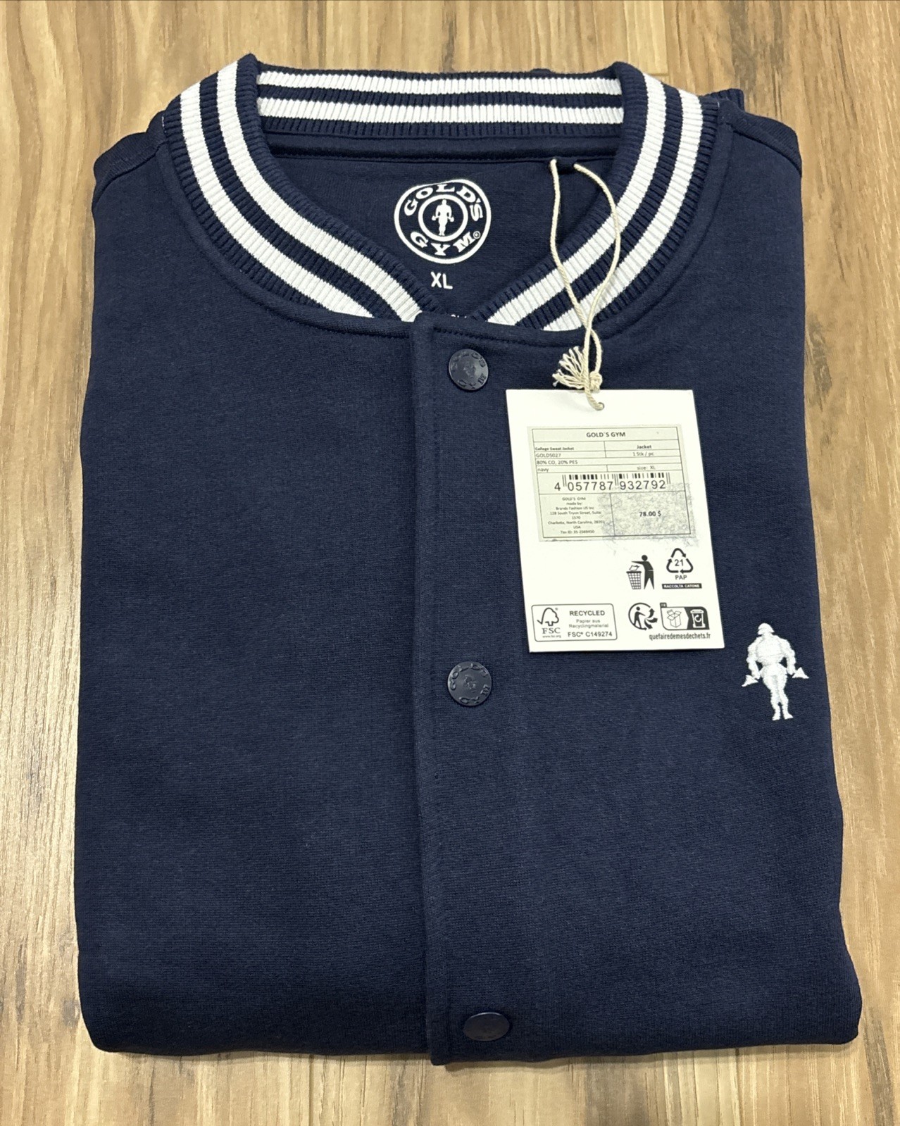 Gold’s Gym Men’s Size XL College Sweat Jacket Baseball Navy Blue – NEW