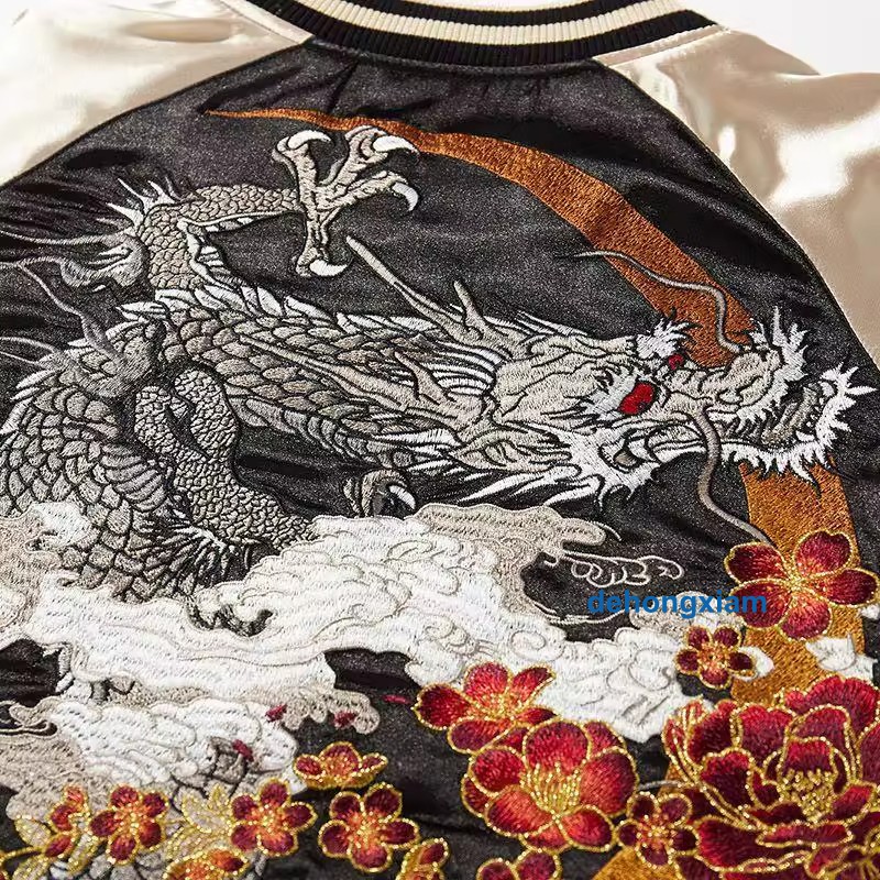 New Mens Bomber Japanese Pattern Embroidery Dragon Tattoo Sukajan Fashion Jacket