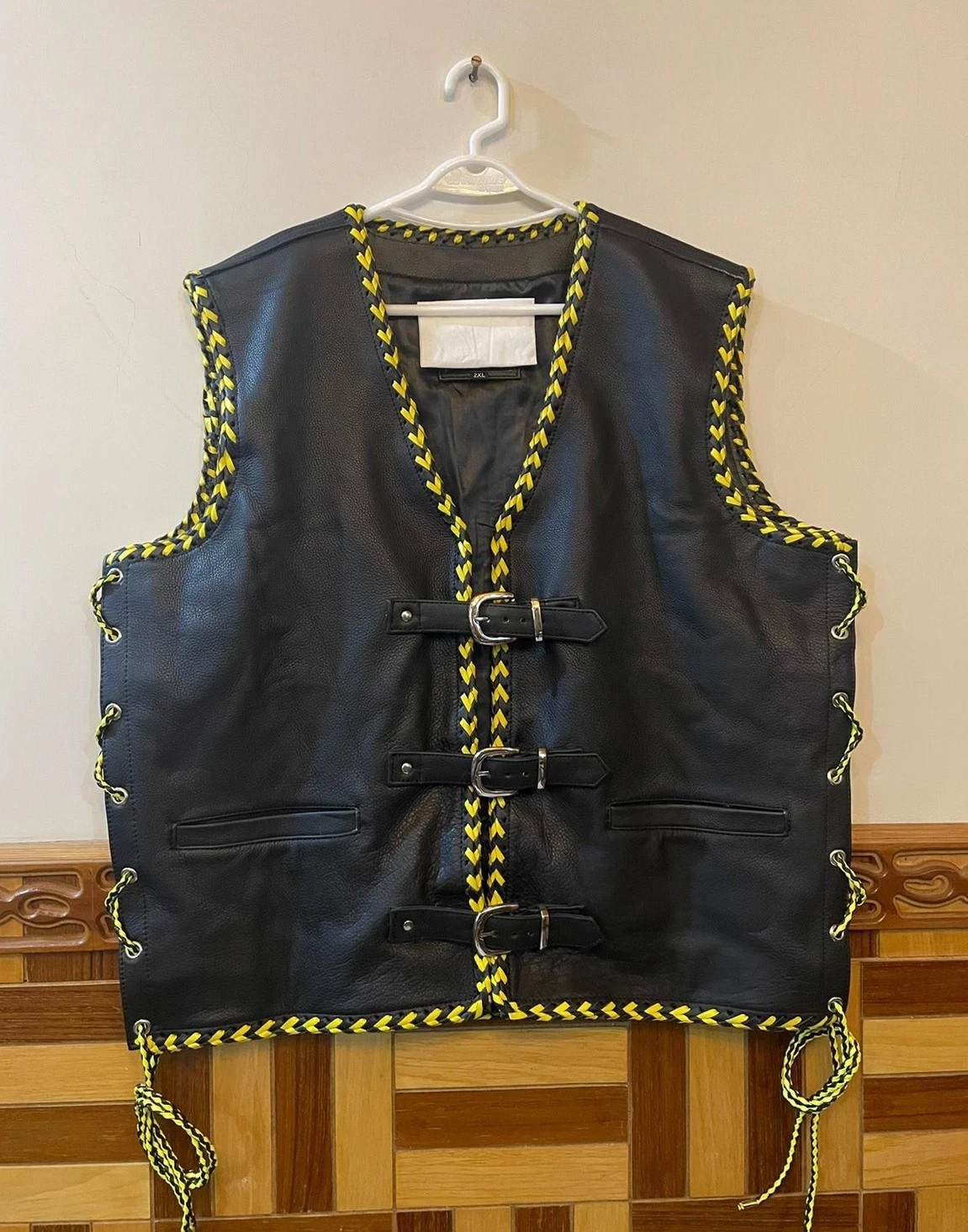 Men’s Black Genuine Leather Western Vest Buckle Front Side Lace Biker Cowboy