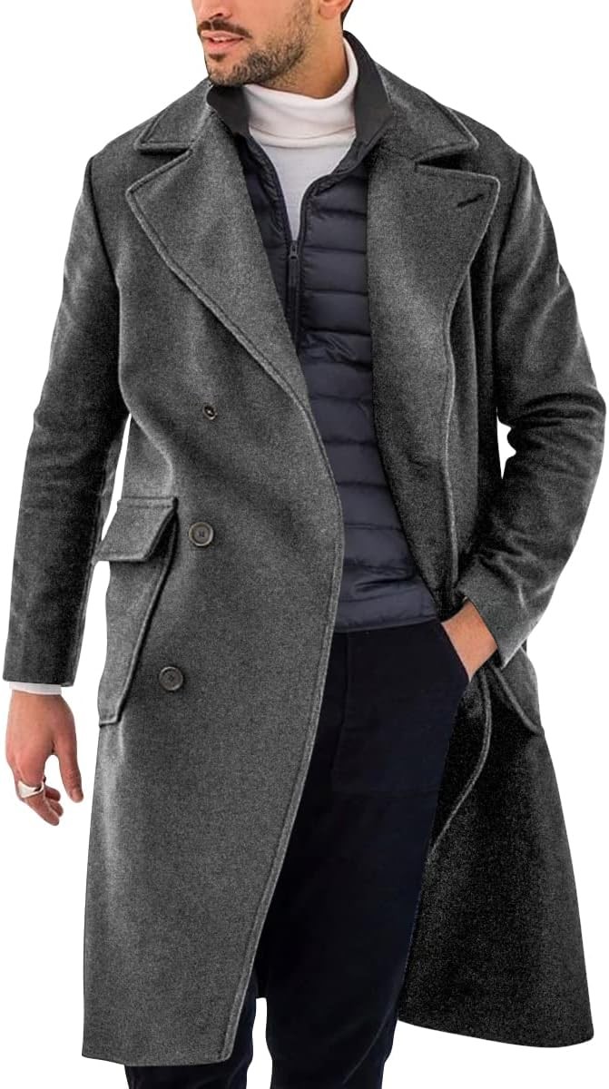 Mens Double Breasted Trench Coat Slim Fit Lapel Collar Long Winter Overcoat