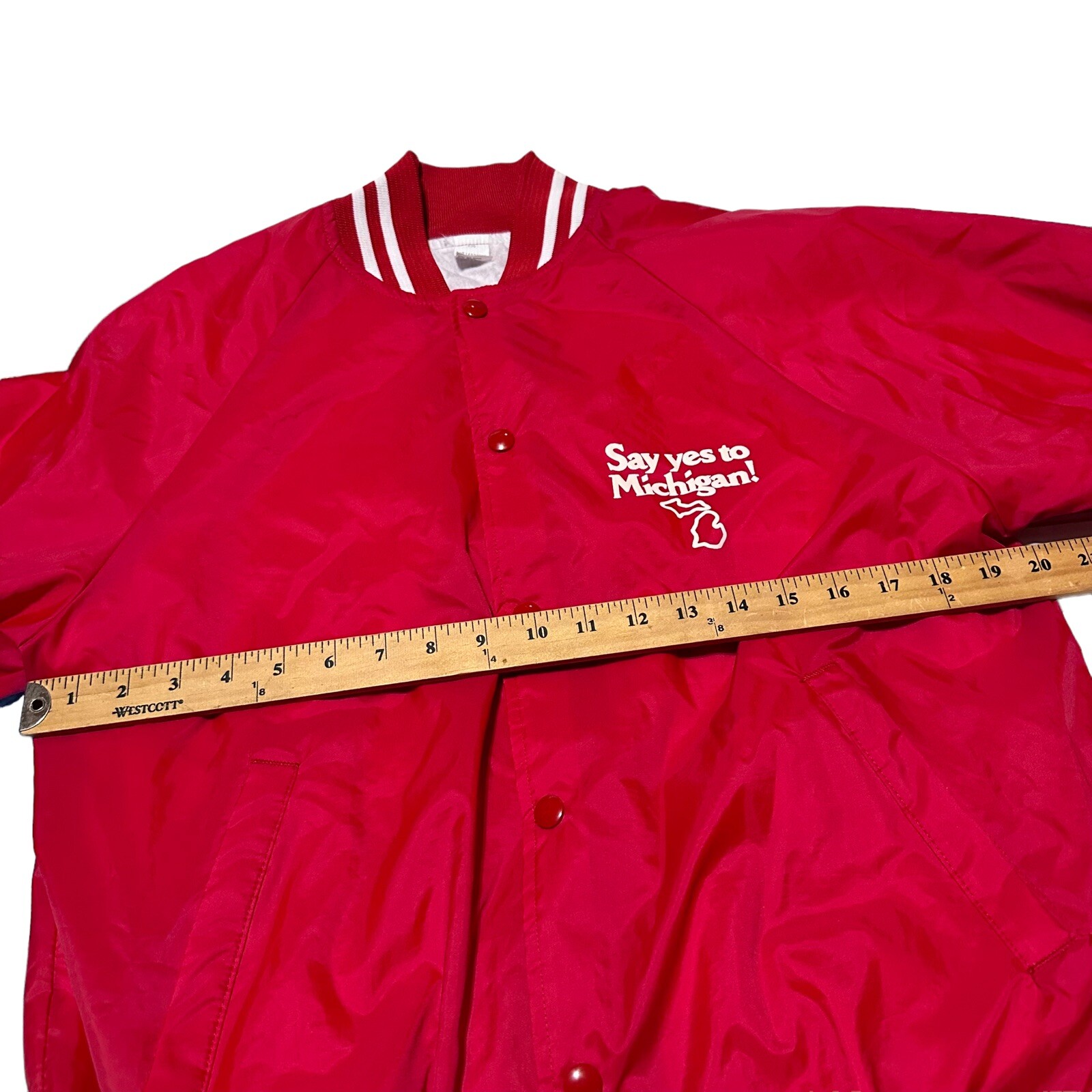 Say Yes To Michigan Vintage M Nylon Snap Button Red Bomber Jacket Windbreaker