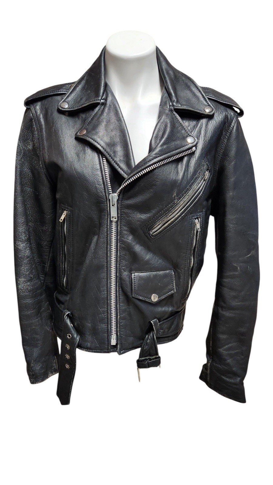 Vintage Real Black Leather Belted Motorcycle Jacket 38 Punk Biker Mercirona