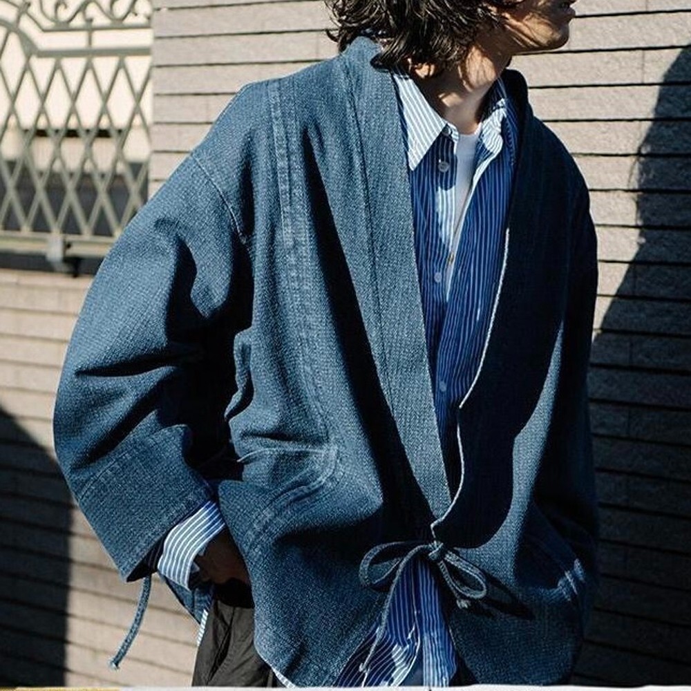 Japanese Stylish noragi Sense Denim Coat cardigan Loose kimono jacket Unisex