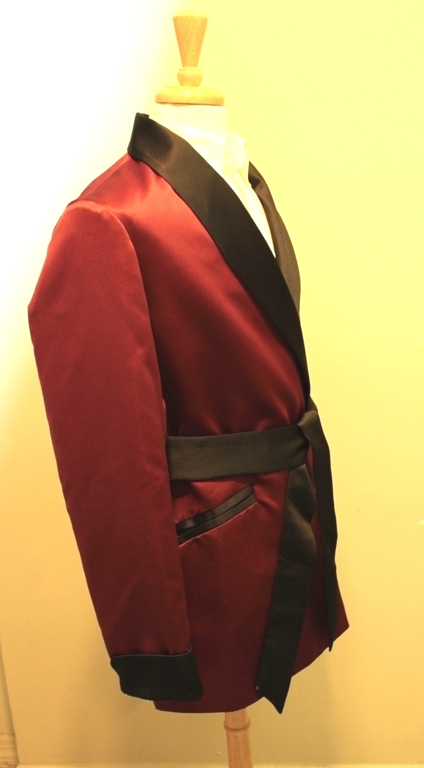 Mens Smoking Jacket- Burgundy / Black Satin -Fully Lined