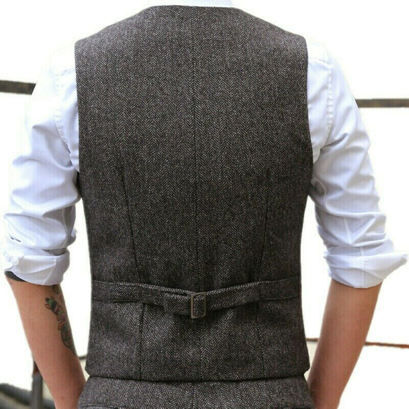 Mens Suit Vintage Tweed Vest Herringbone Waistcoats Wedding Retro Wool Groomsman