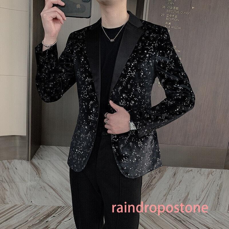 Men’s Spring Slim One Button Sequined Suit Night Club Coat Stage Black Blazer