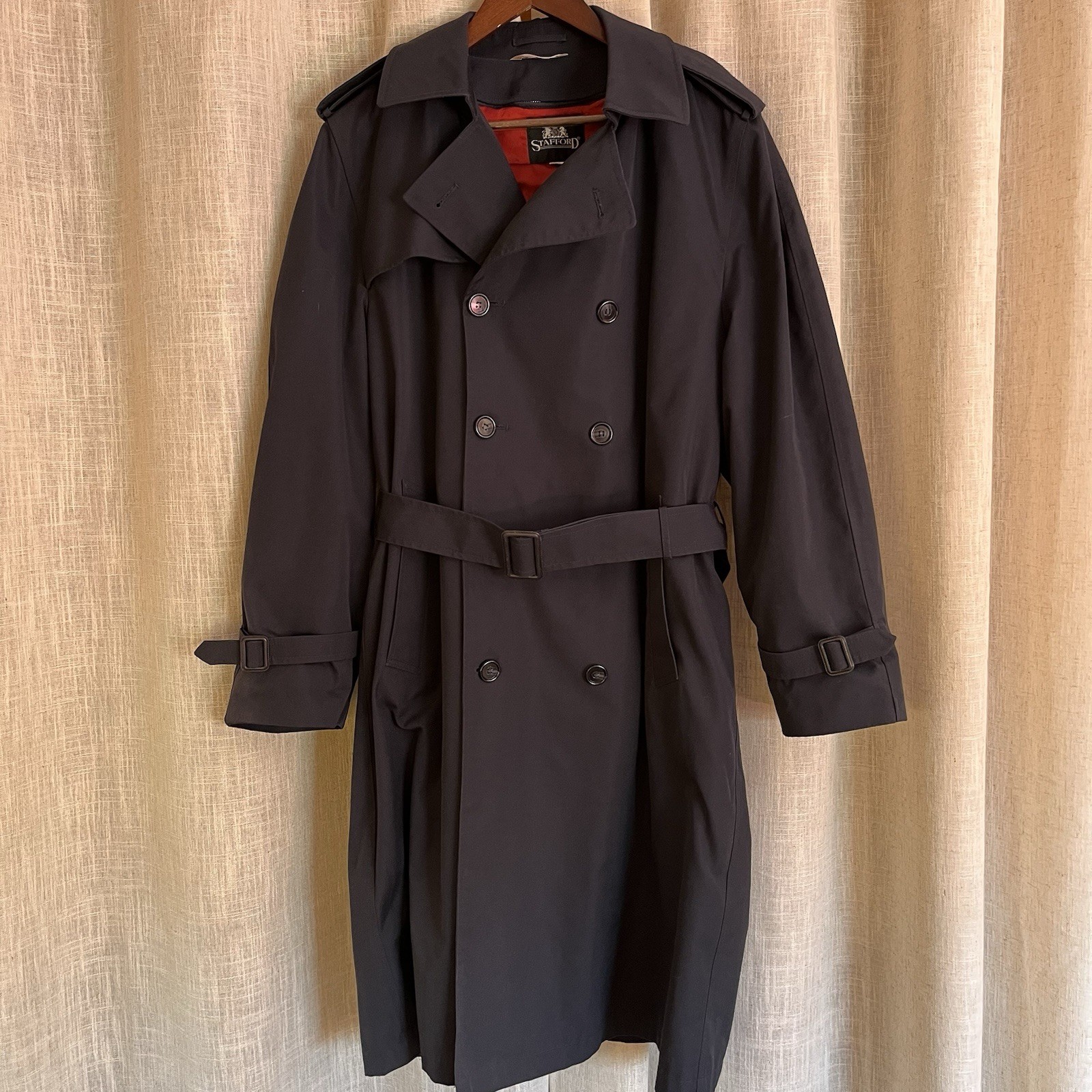 VTG Stafford Trench Coat Navy Double Breasted W/ Liner 42 Reg Classic Preppy
