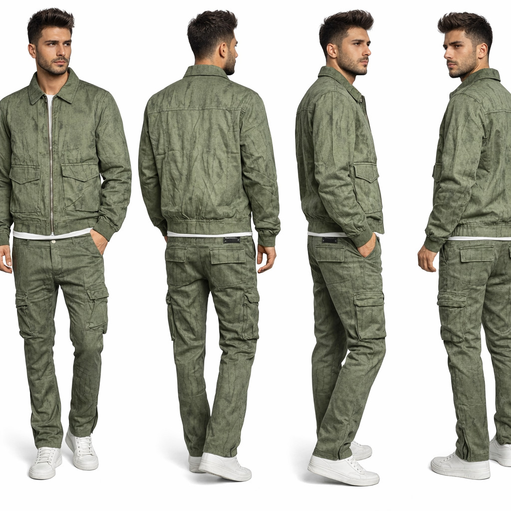 Mens Green Denim Suit Cargo Jacket & Jeans Set 100% Cotton Tracksuit Set S-2XL