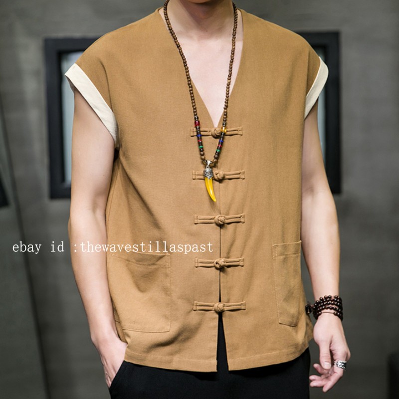 Men Cotton Linen Waistcoat Vest Sleeveless Tang Suit Jacket Kung Fu Tai Chi Vest