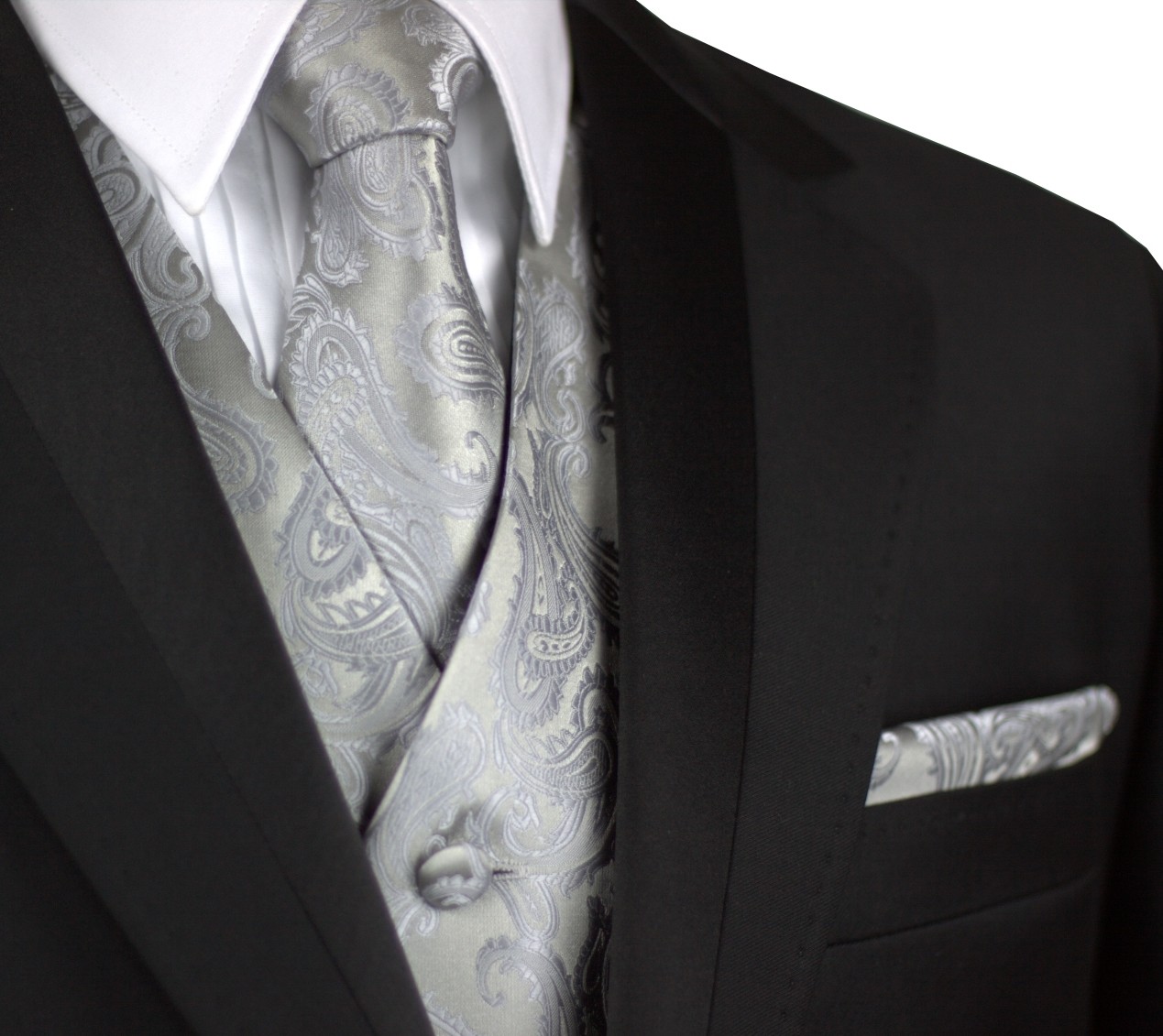 MEN’S SILVER PAISLEY FORMAL TUXEDO VEST, TIE & HANKIE SET. WEDDING, FORMAL, PROM