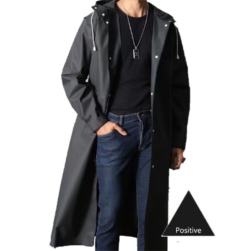 Men Black Waterproof Long Raincoat Rain Coat Hooded Trench Jacket Outdoor Hiking