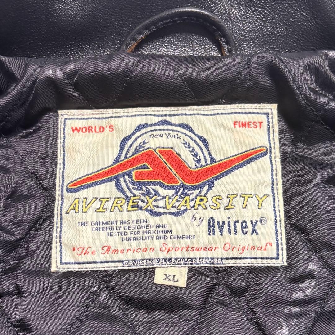 AVIREX XL Leather Varsity Jacket Black White Genuine Leather Cleaned F/S