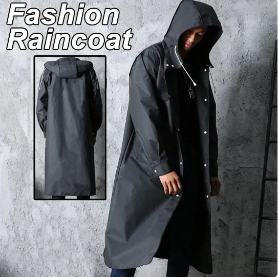 Men Waterproof Long Raincoat Black Rain Coat Hooded Trench Jacket Outdoor Hiking