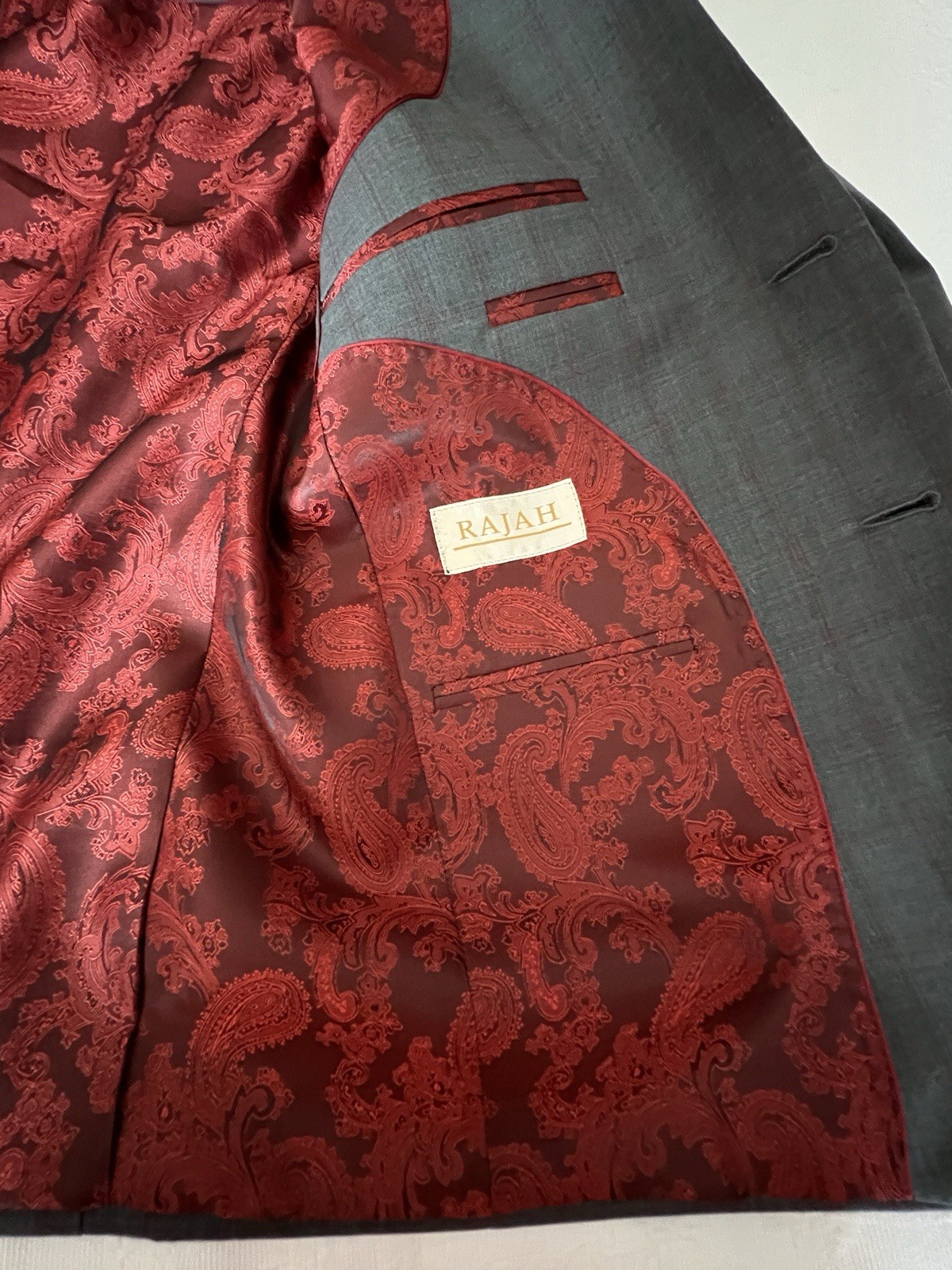 Rajah Custom Made Luxury Design Gray Check Wool Red Lined Blazer Jacket Sz 44 R
