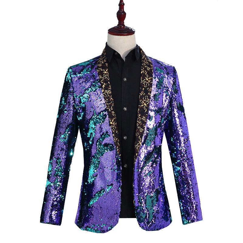 Men Reversible Two Tone Glitter Sequins Suit Jacket Blazer Dance Stage Coat Tops