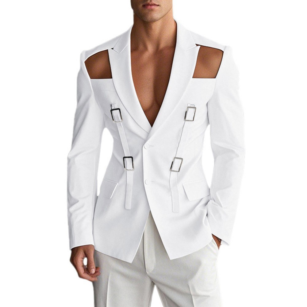 Men Streetwear Solid Color Blazer Long Sleeve Suit Coat Hollow Button Style