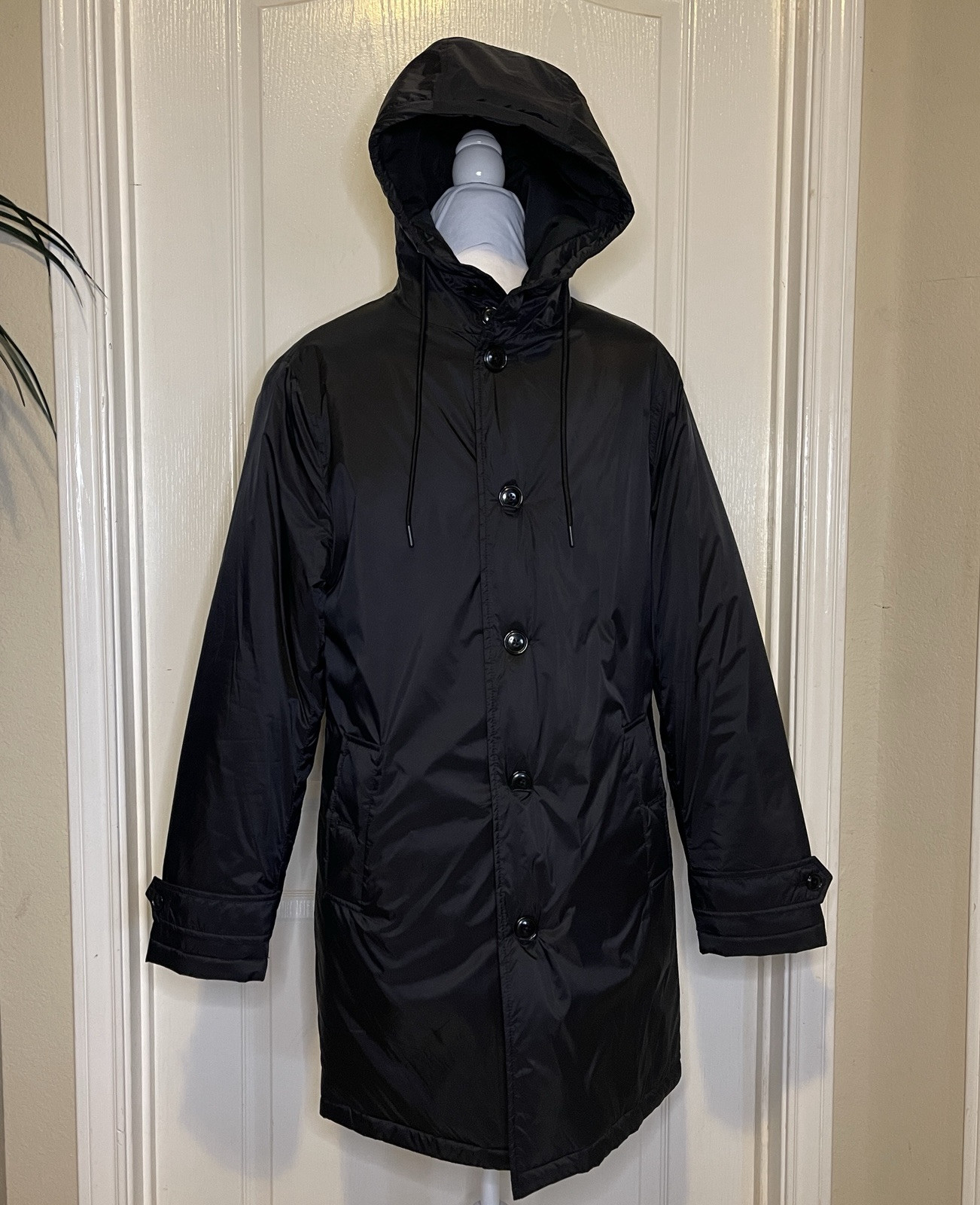 EXPRESS Men’s Black Drawstring Collar Button Front Nylon Trench Coat Sz Sm NEW
