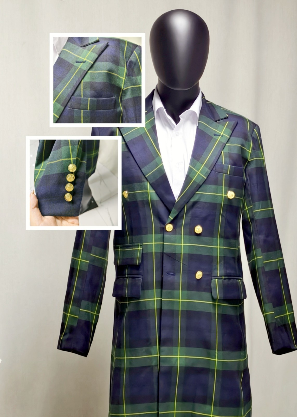 Double Breasted Men Suit Long Jacket Green Check Tuxedo Wide Peak Lapel Overcoat