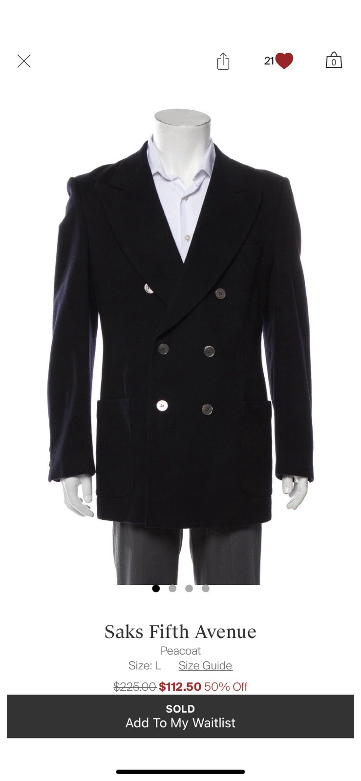 Saks Fifth Avenue Made in Italy Navy Wool Peacoat Size 42
