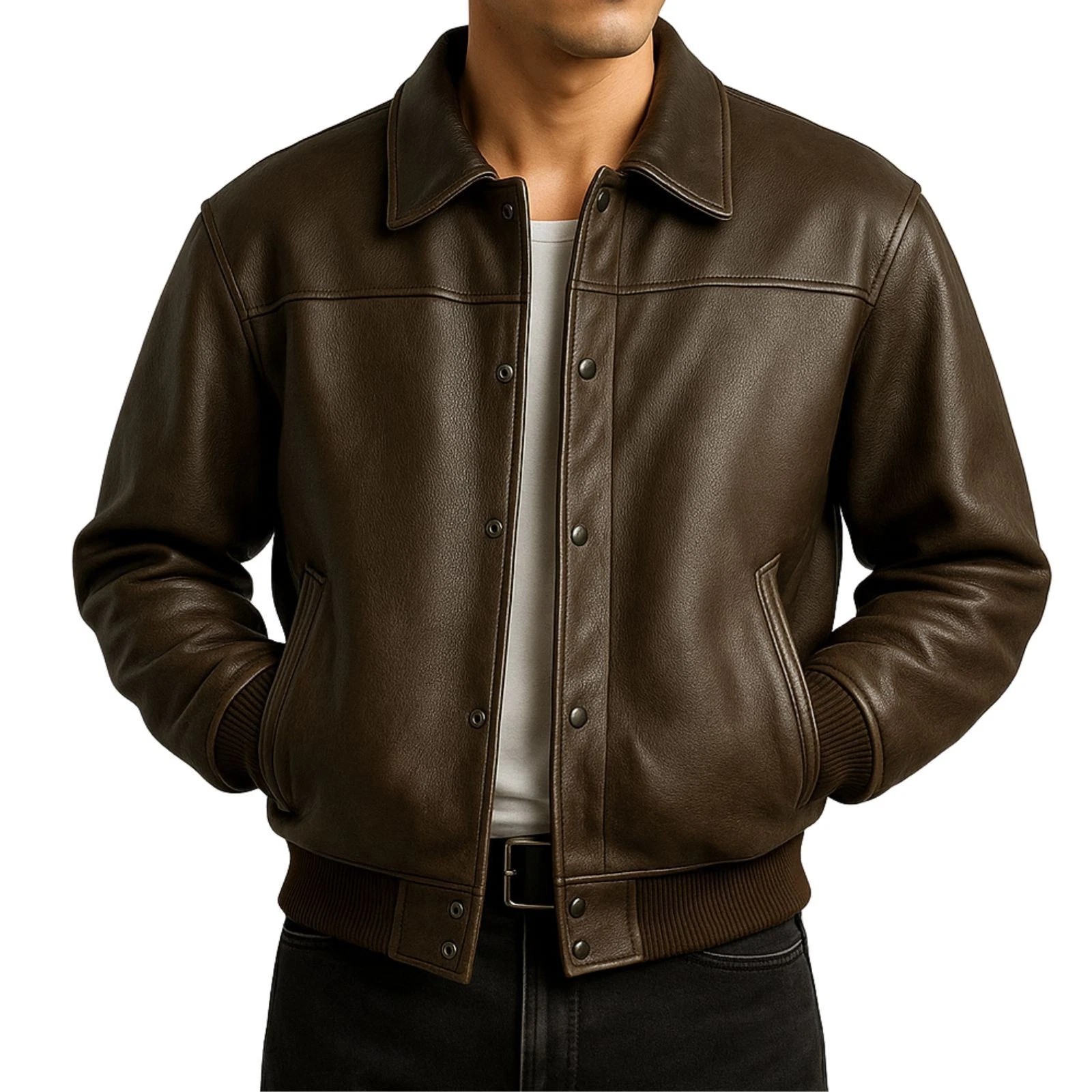 Men’s Brown Genuine Leather Jacket Classic Bomber Biker Aviator Jacket Coat