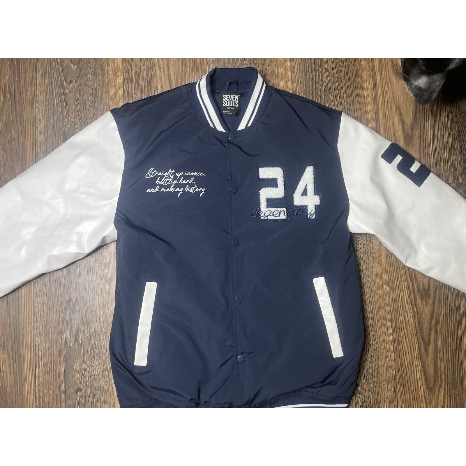Seven Souls Varsity Jacket Mens L Navy White Bomber Streetwear Graphic Bear