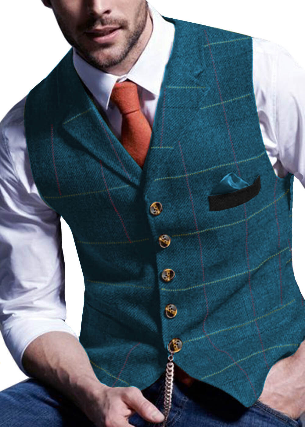 Mens Suit Plaid Waistcoat Tweed Vest Herringbone Windowpane Wedding Vintage Wool