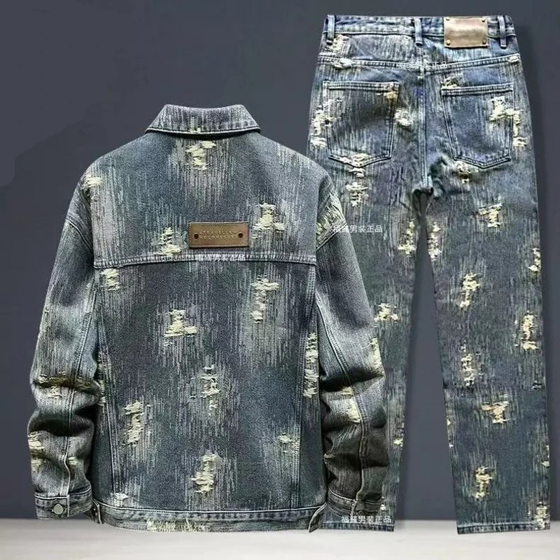 Luxury Men Denim Trendy Two-Piece Set Retro Jeans Washed Casual Jacket Coat