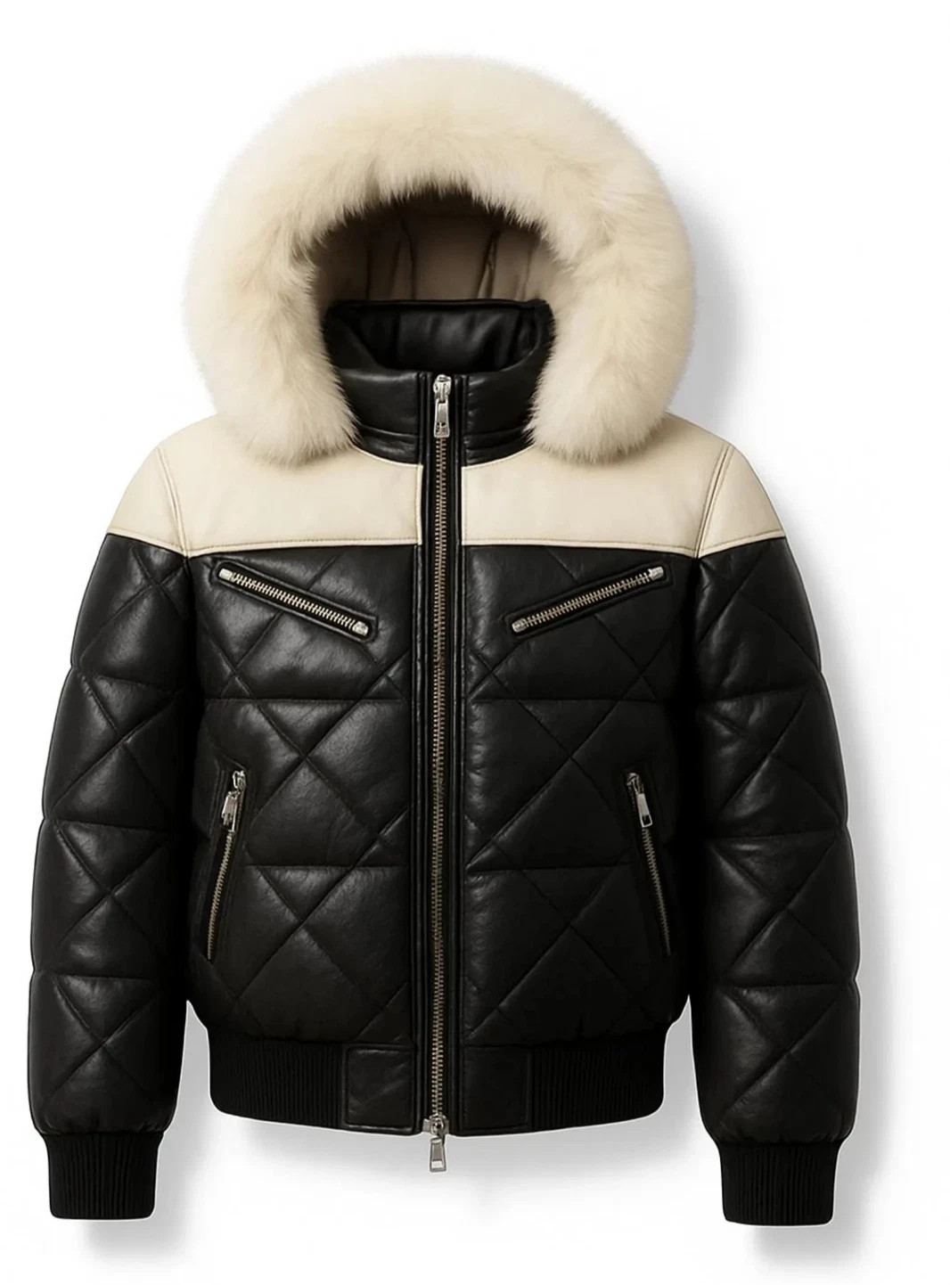 Mens V Bomber Quilted Puffer Black Real Leather Winter Jacket Fur Collar