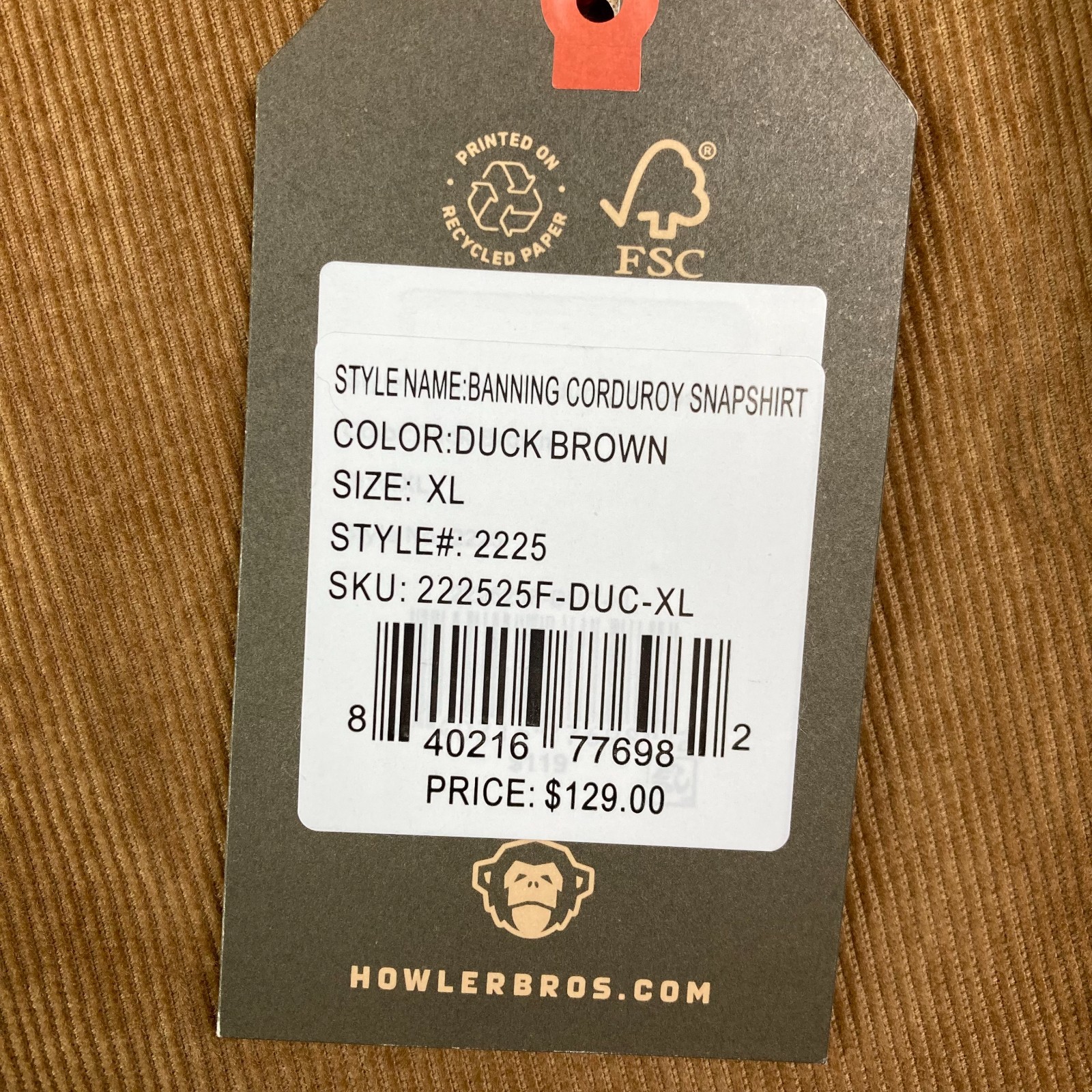 Howler Brothers Banning Corduroy Snap Shirt Mens XL Duck Brown Tan Western NWT