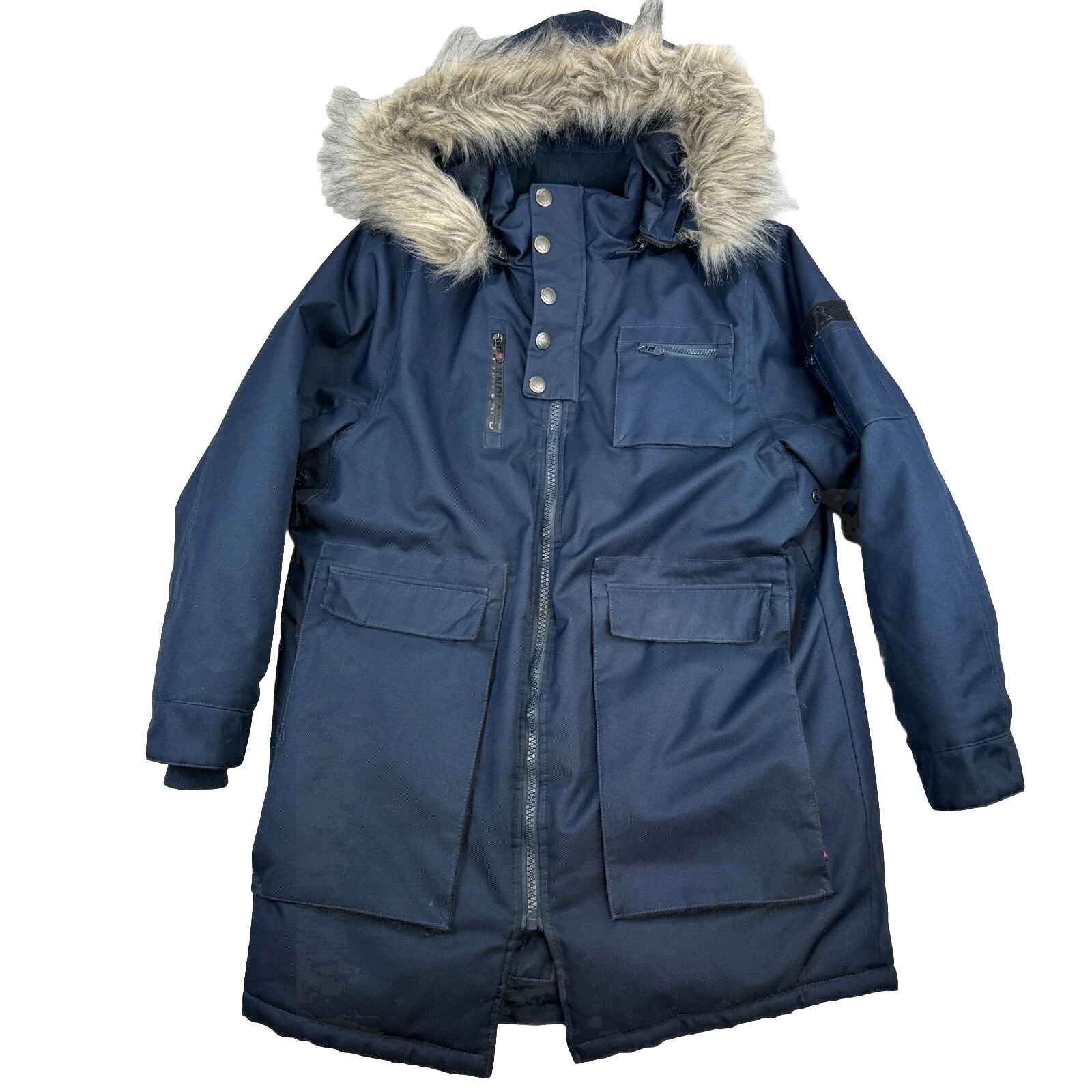 Awaknd Land All-Season Weather Hooded Blue Parka Coat Jacket Fur Hood Lining XL
