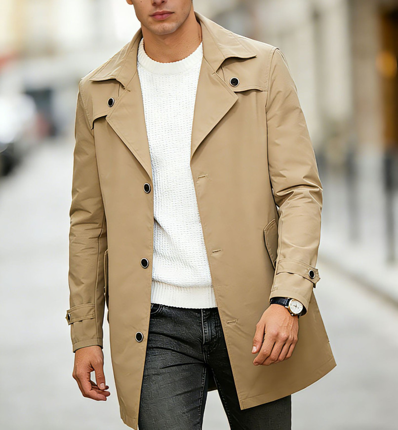 Mens Trench Coat Single Breasted Jacket Lapel Collar Windbreaker Casual Overcoat