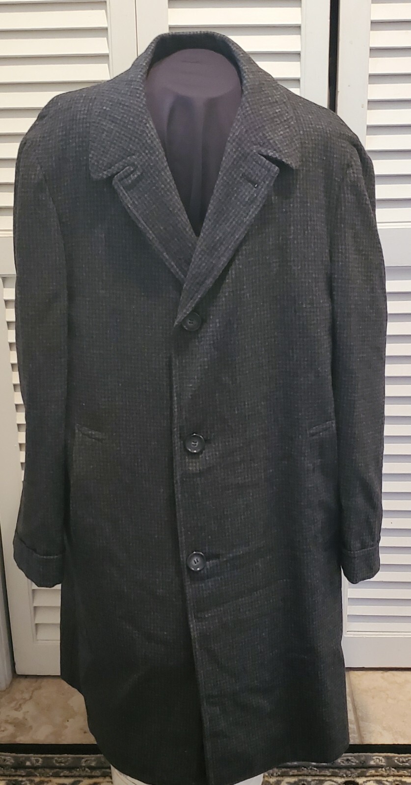 Vintage 50s Dundee Wool Over Coat Mens LARGE Gray Black TWEED With Pockets