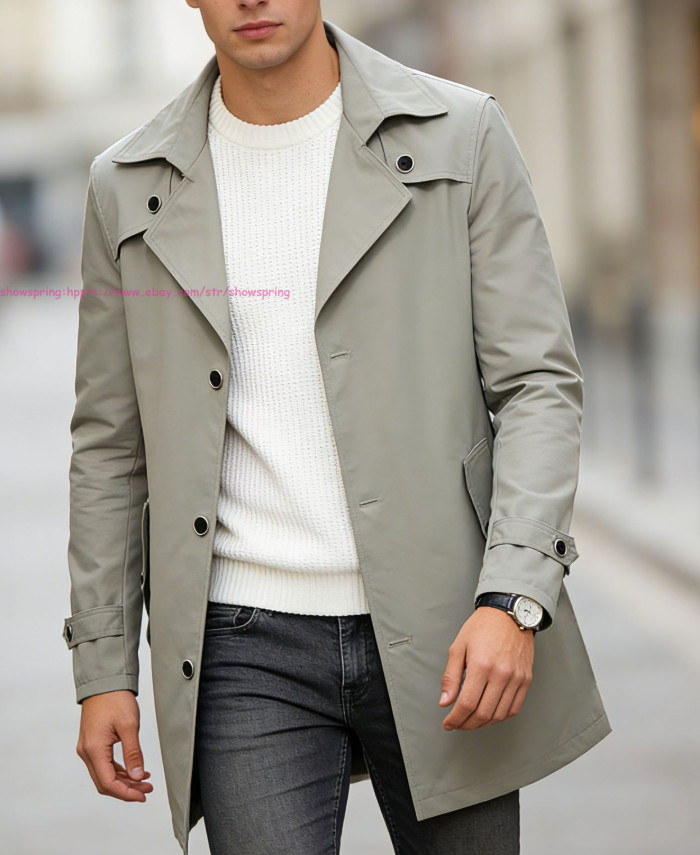 Mens Trench Coat Single Breasted Jacket Lapel Collar Windbreaker Casual Overcoat