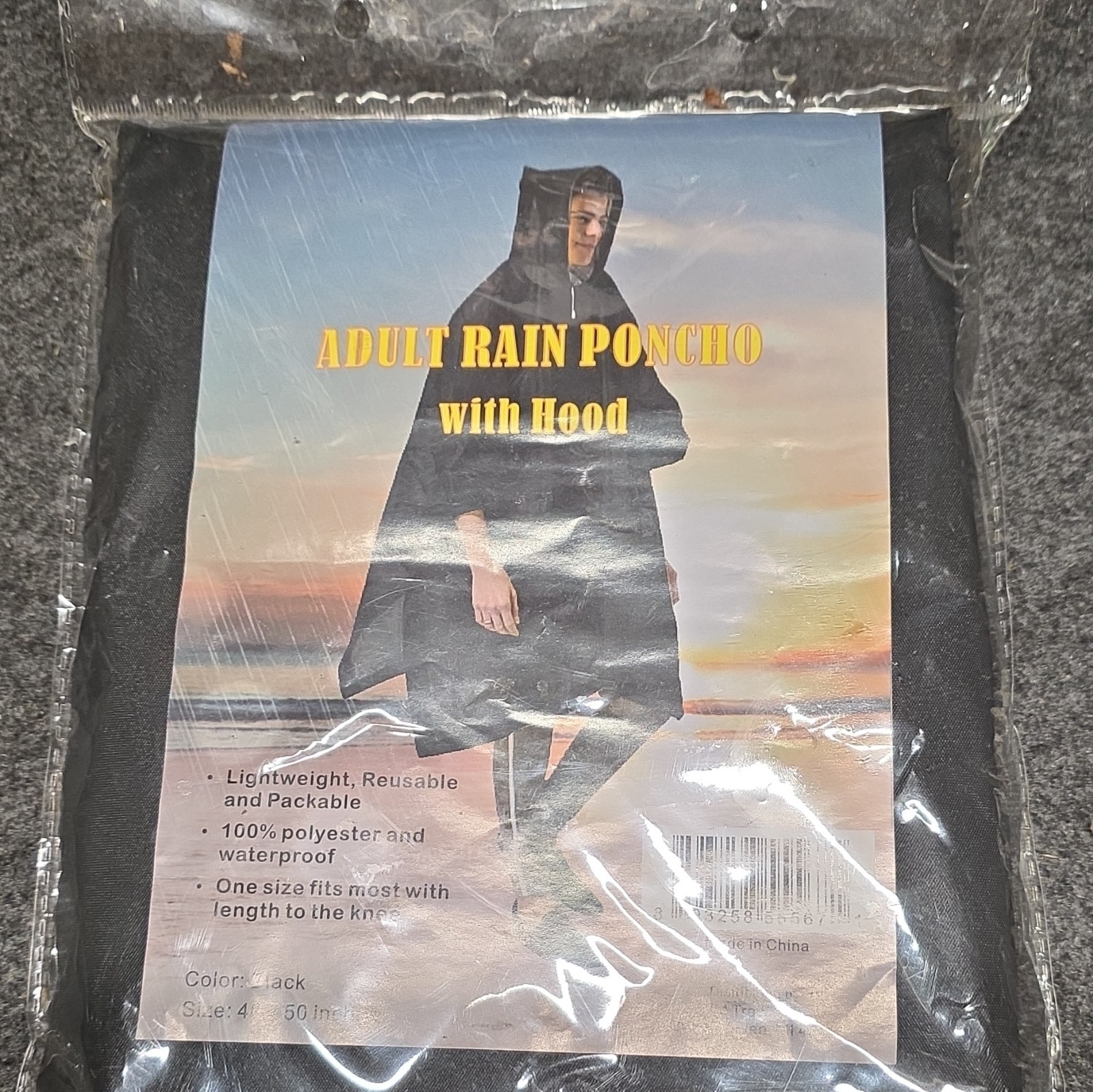 Unisex Adults Black Rain Poncho Waterproof Hooded Lightweight Packable One Size