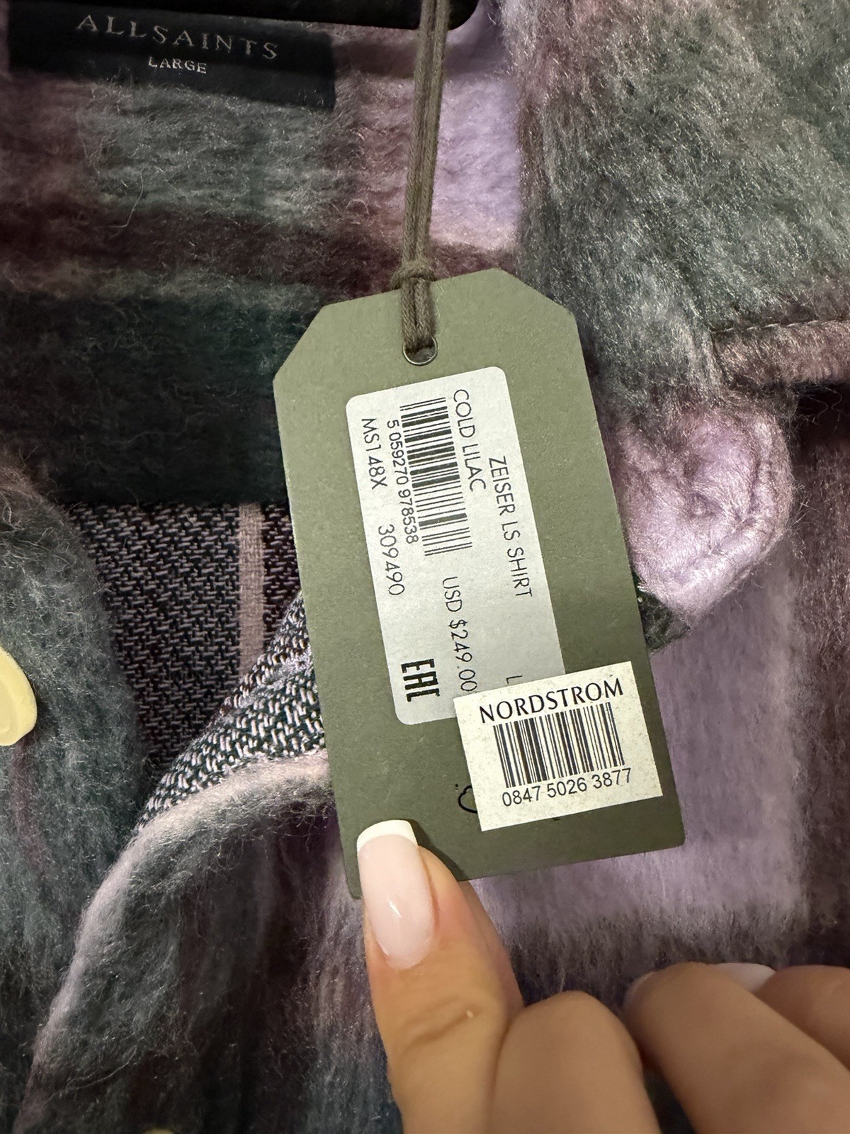 AllSaints Zeiser Check Oversized Shirt Jacket Plaid Purple Green Black L