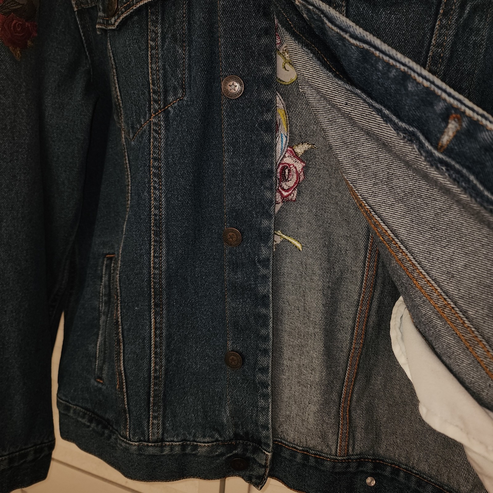 Denim Jacket 2XL Custom Embroidered Sugar Skull Day of the Dead Roses Rock Biker