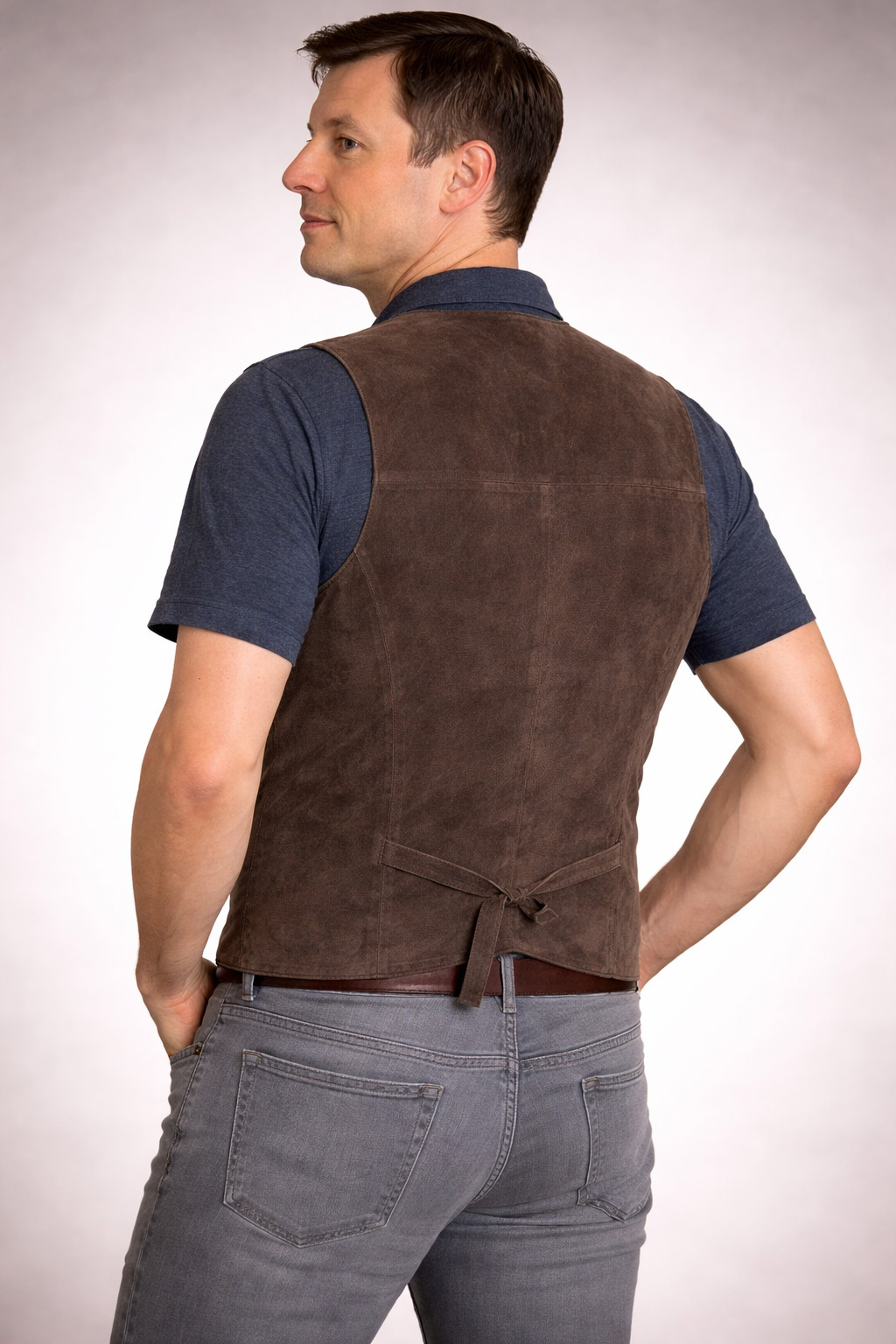 Men’s genuine soft suede brown leather snap closure western/biker vest