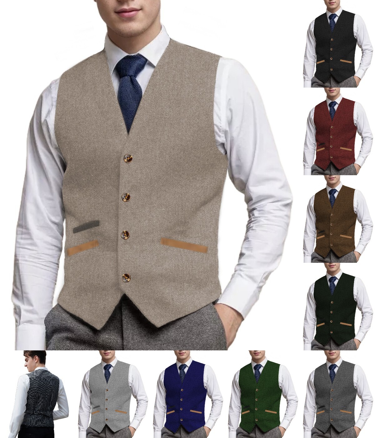 Men Hipster Vest Pocket Soft Vintage Tweed Herringbone Suit Waistcoat Retro Wool