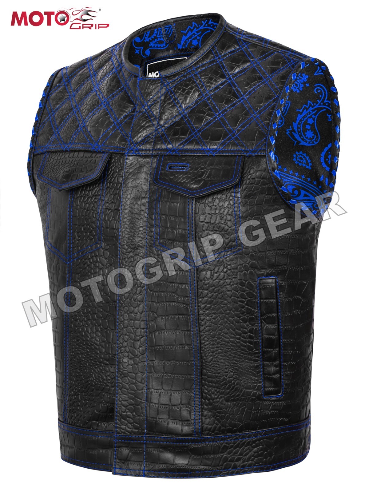 Men’s Black Embossed Leather Motorcycle Vest – Blue Paisley Lining Conceal Carry