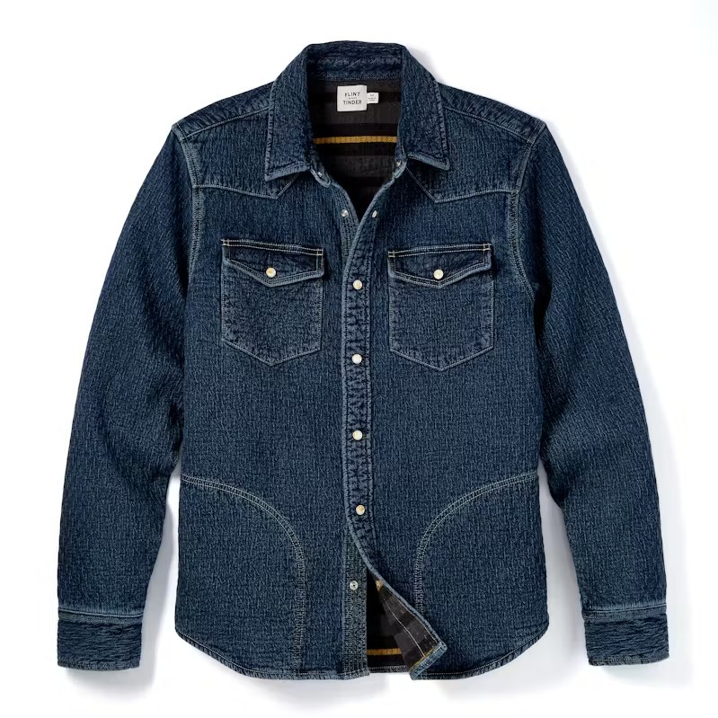 Flint and Tinder Quilted Bone Button Western Shirt Indigo Huckberry Mens L NWOT